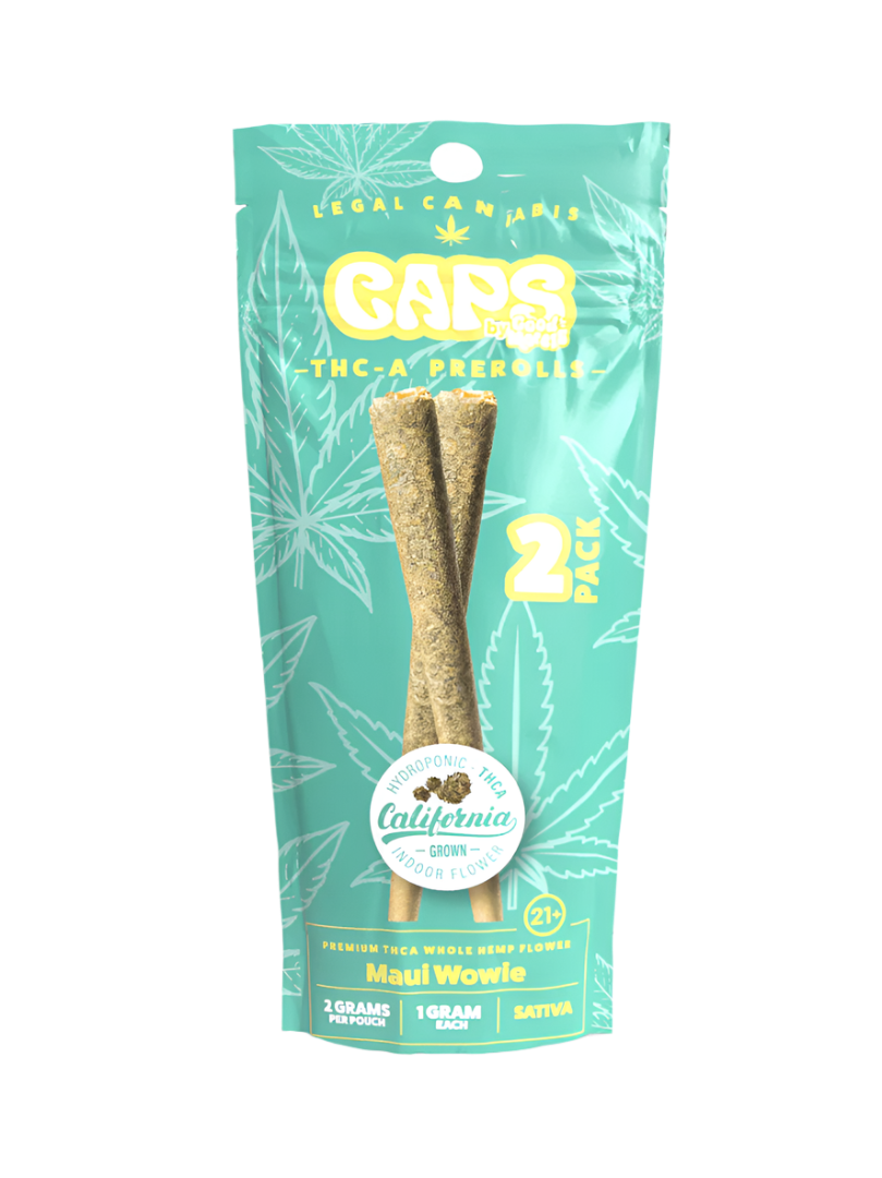 Packaging of CAPS THCA 1G Pre-Rolls by Good Morels featuring two pre-rolls visible through the clear window, with a tropical design and information about the product.