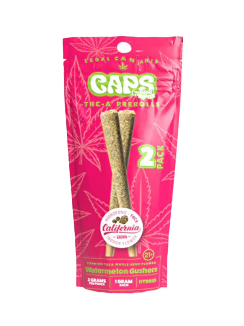 Packaging of CAPS THCA 1G Pre-Rolls by Good Morels featuring two pre-rolls visible through the clear section of the pink-colored packaging.