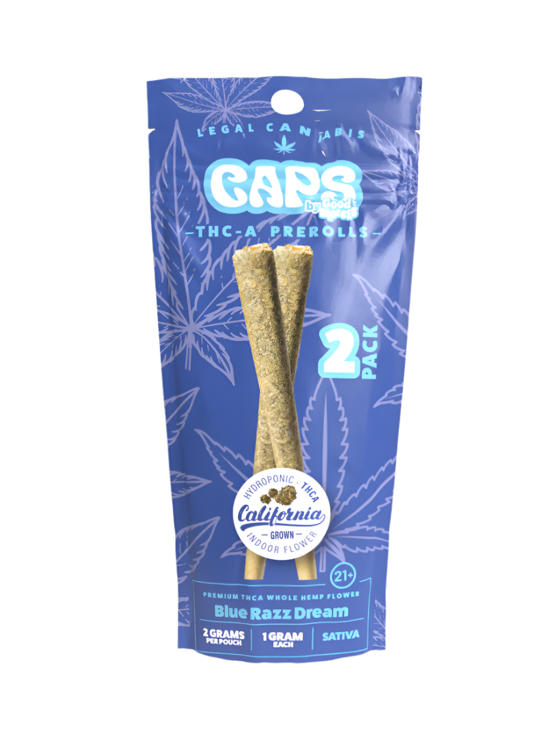 Packaging of CAPS THCA 1G Pre-Rolls by Good Morels featuring two pre-rolls visible through the clear window, with blue and white color theme and product information.