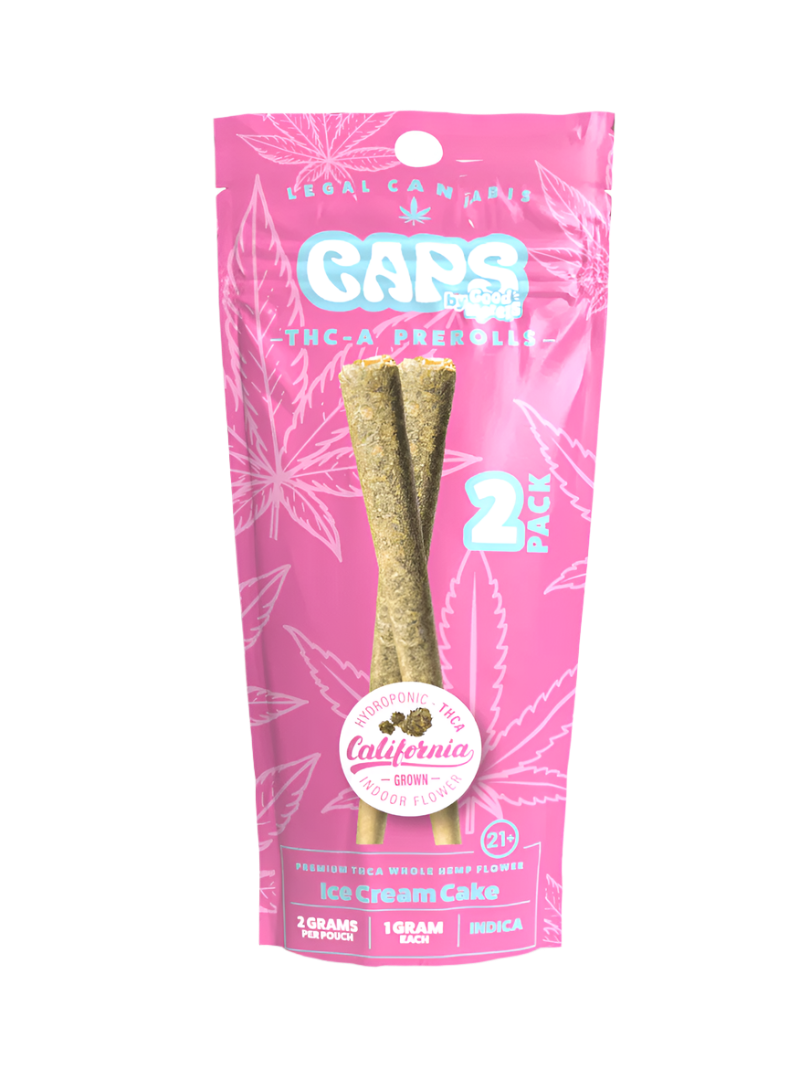 Packaging of CAPS THCA 1G Pre-Rolls by Good Morels featuring two pre-rolls visible through the clear window, with pink and green colors and cannabis leaf graphics.