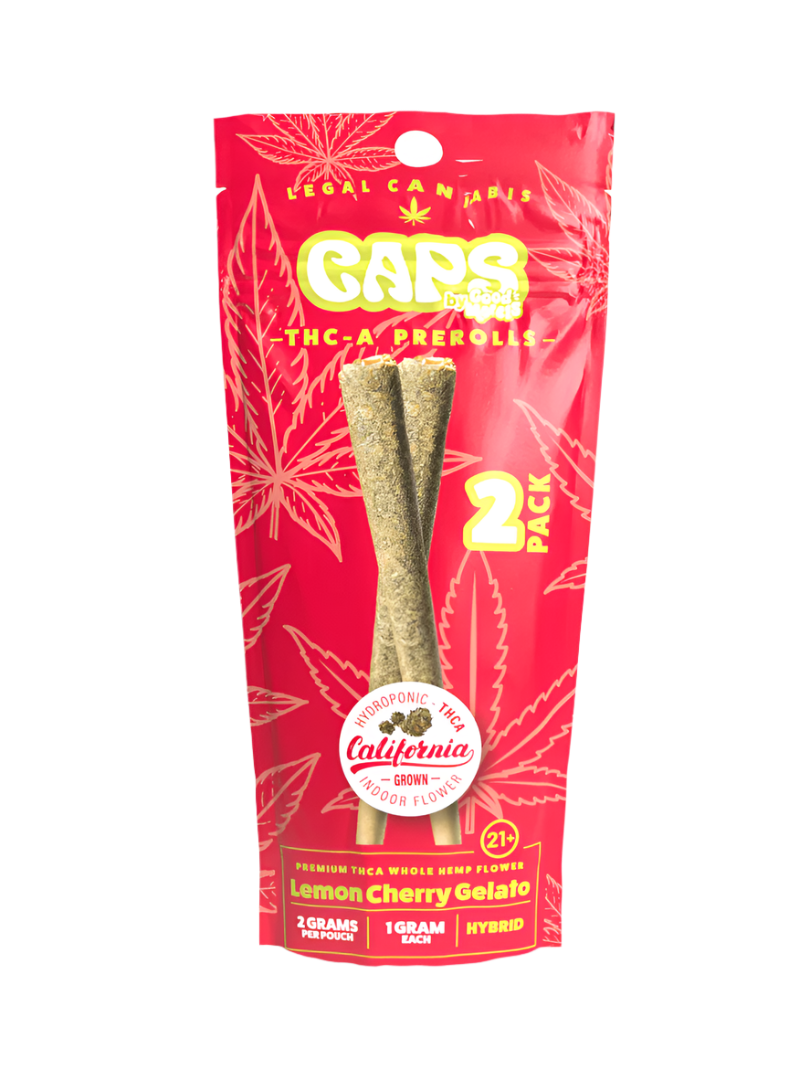 This image features a product packaging for "CAPS THCA 1G Pre-Rolls by Good Morels," which includes two 1g pre-rolled joints. The packaging is vibrant with a red and green color scheme, highlighting the cannabis theme.
