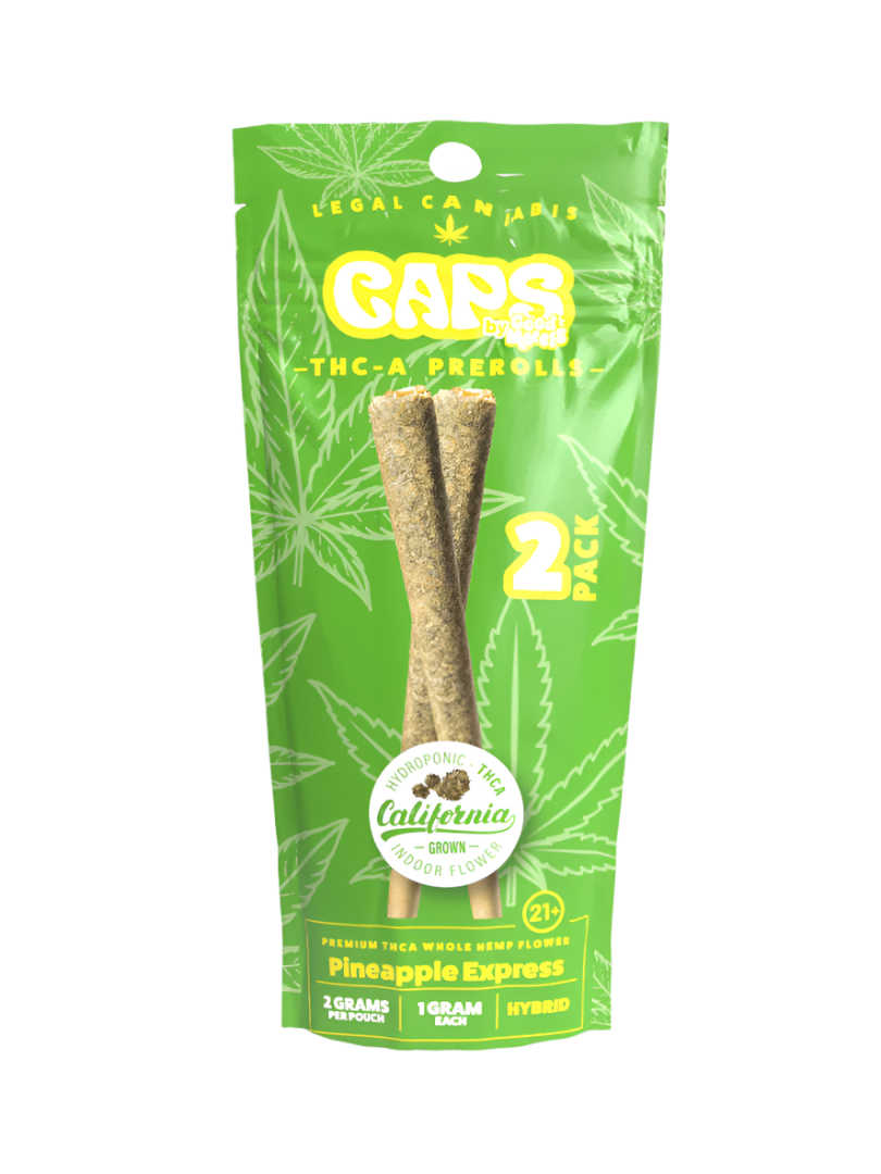 A pack of CAPS THCA 1G Pre-Rolls by Good Morels, containing two 1g pre-rolls, with a green and white packaging.