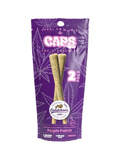 Packaging of CAPS THCA 1G Pre-Rolls by Good Morels featuring two pre-rolls visible through the clear window, with purple and white color scheme and product information.