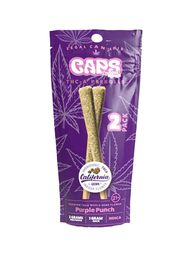 Packaging of CAPS THCA 1G Pre-Rolls by Good Morels featuring two pre-rolls visible through the clear window, with purple and white color scheme and product information.