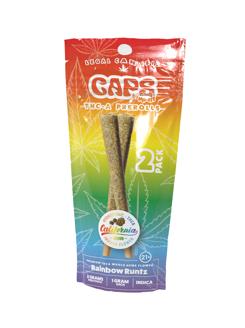 Packaging of CAPS THCA 1G Pre-Rolls by Good Morels featuring two pre-rolls visible through the clear section of the packaging, with a colorful design and branding details.