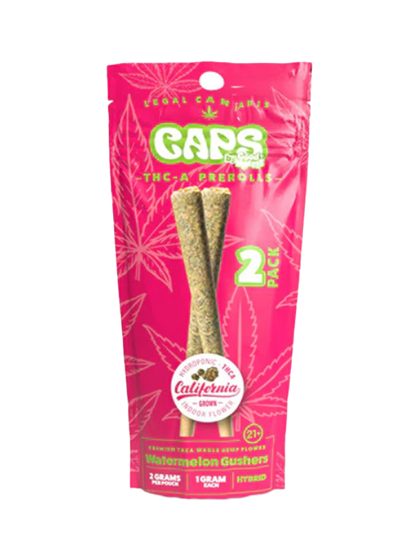 Packaging of CAPS THCA 1G Pre-Rolls by Good Morels featuring two pre-rolls visible through the clear section of the pink-colored packaging.